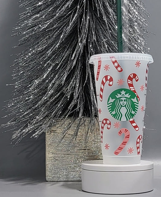 Red Candy Cane & Snowflakes Starbs Venti Cold Cup (Reuseable)