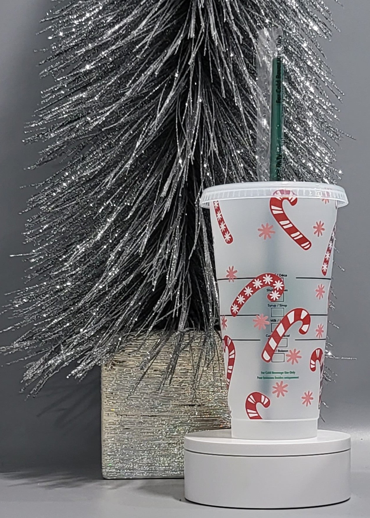 Red Candy Cane & Snowflakes Starbs Venti Cold Cup (Reuseable)